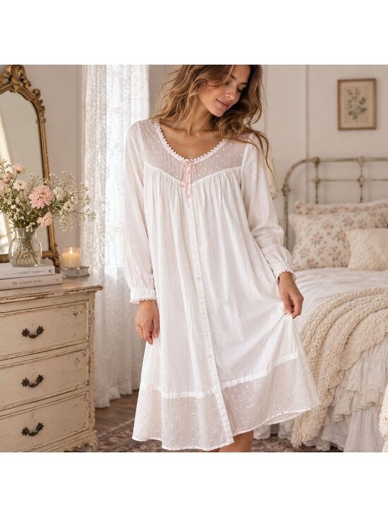 Eileen West Other - VTG Eileen West Traditional Nightgown Sz S White Pink Swiss Dot Lace Cottagecore